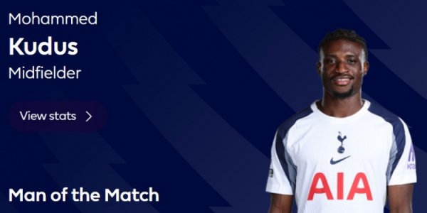 传射建功,英超官方:库杜斯当选热刺2-1利兹联全场最佳球员 传射建功,英超官方:库杜斯当选热刺2-1利兹联全场最佳球员