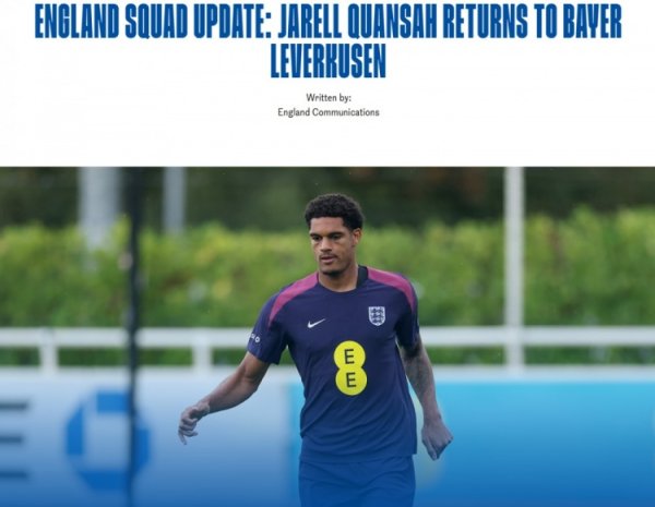 官方：宽萨因伤退赛英格兰队返回勒沃库森，球队暂无增补球员计划