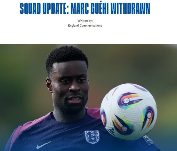 英格兰队官方：水晶宫后场球员格伊因伤离队，不会前往阿尔巴尼亚
